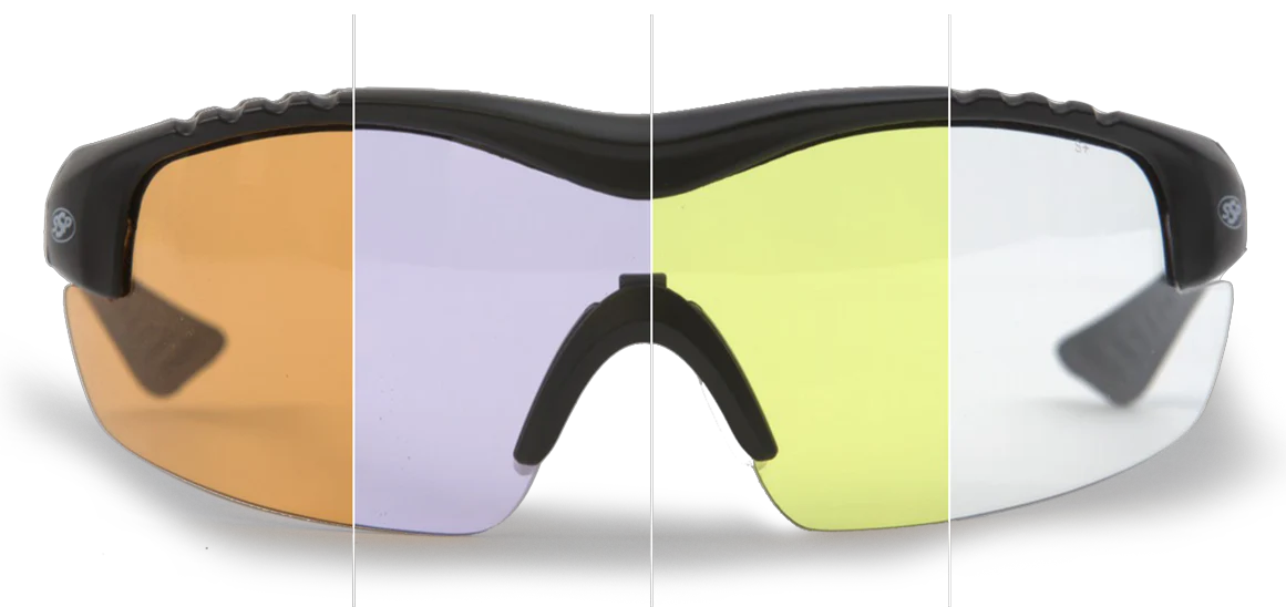 SSP Eyewear frame shown with four interchangeable lens tints